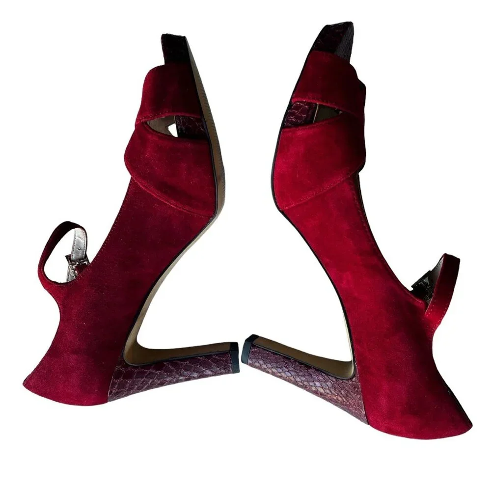 Franco Sarto Women’s Size 9.5 M Heels Maroon & Red Suede Snake Skin Peep  Toe